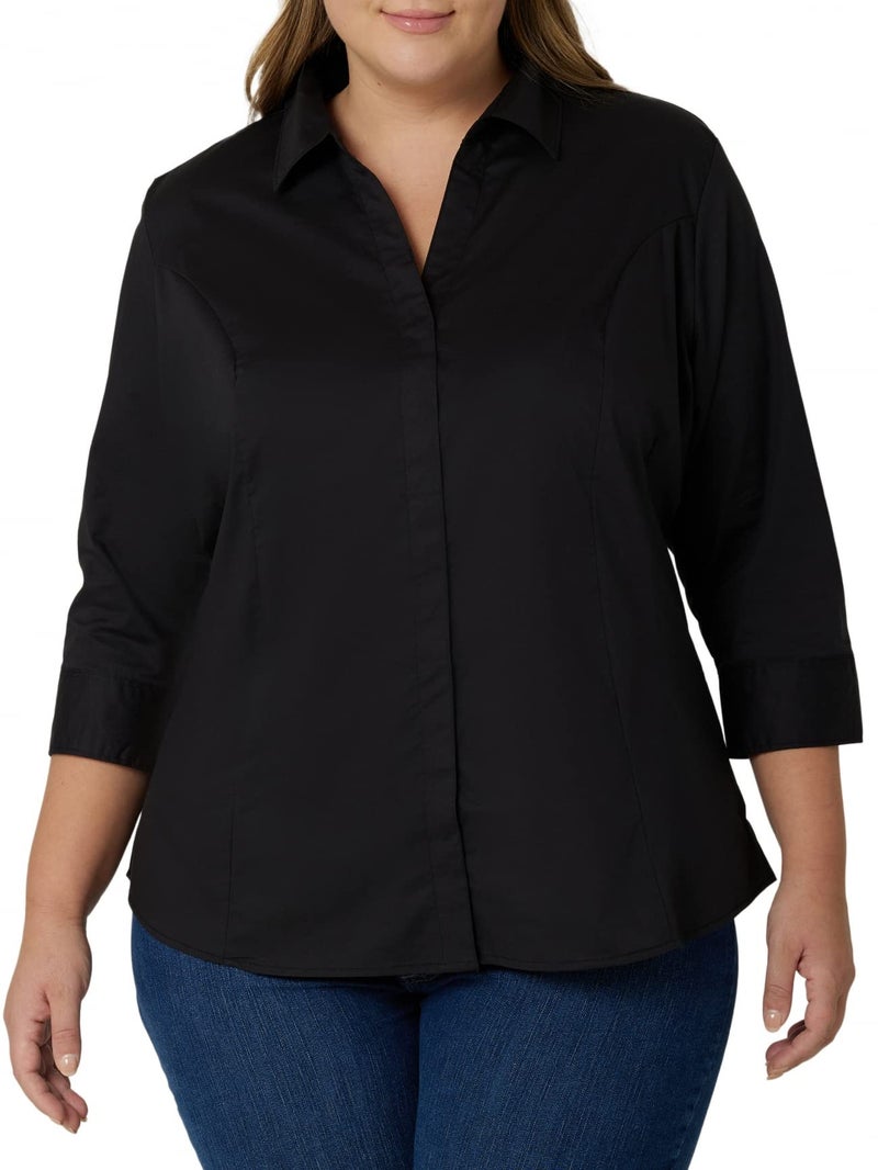 Riders by Lee Indigo Women's Plus-Size Bella Easy Care 3/4 Sleeve Woven Shirt, Black Soot, 1X